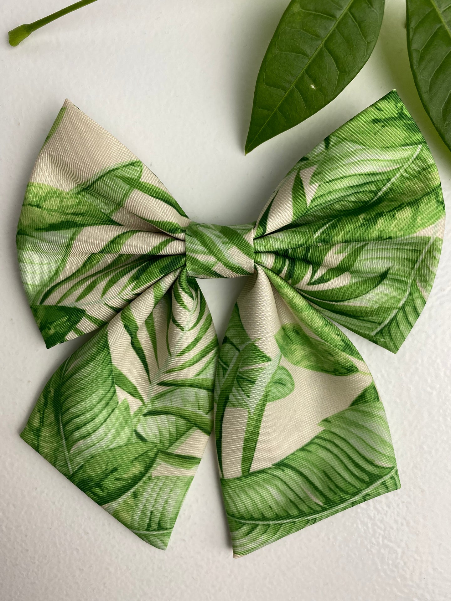 Cream tropical leaf print-Pet sailor bow tie