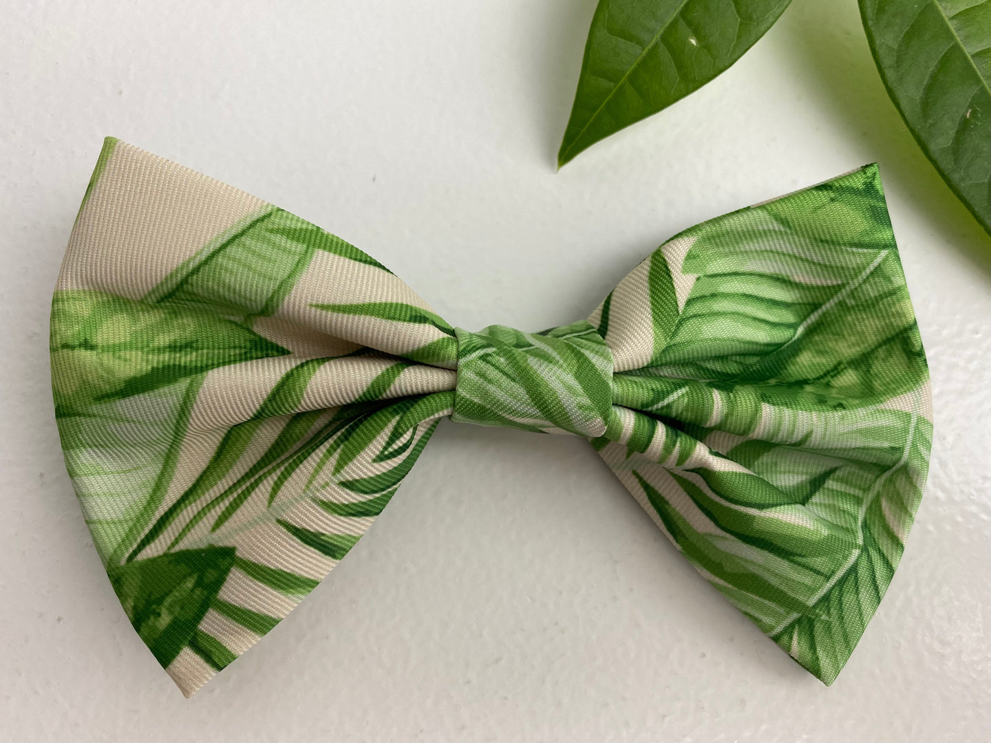 Cream tropical leaf print-Pet bow tie